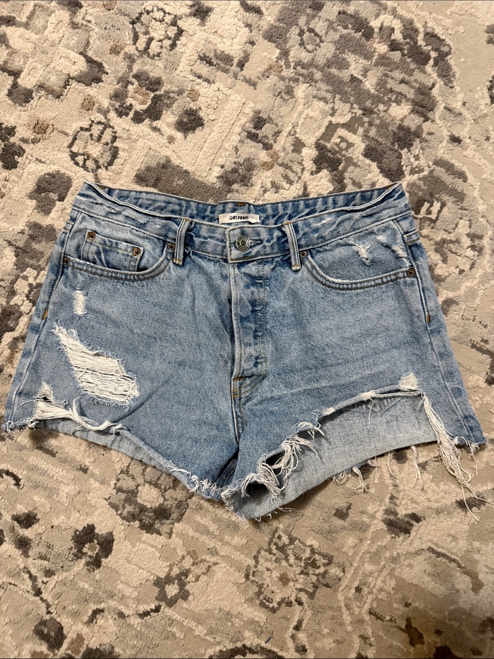 GRLFRND Medium Blue High-Rise Distressed Cutoff Jean Shorts